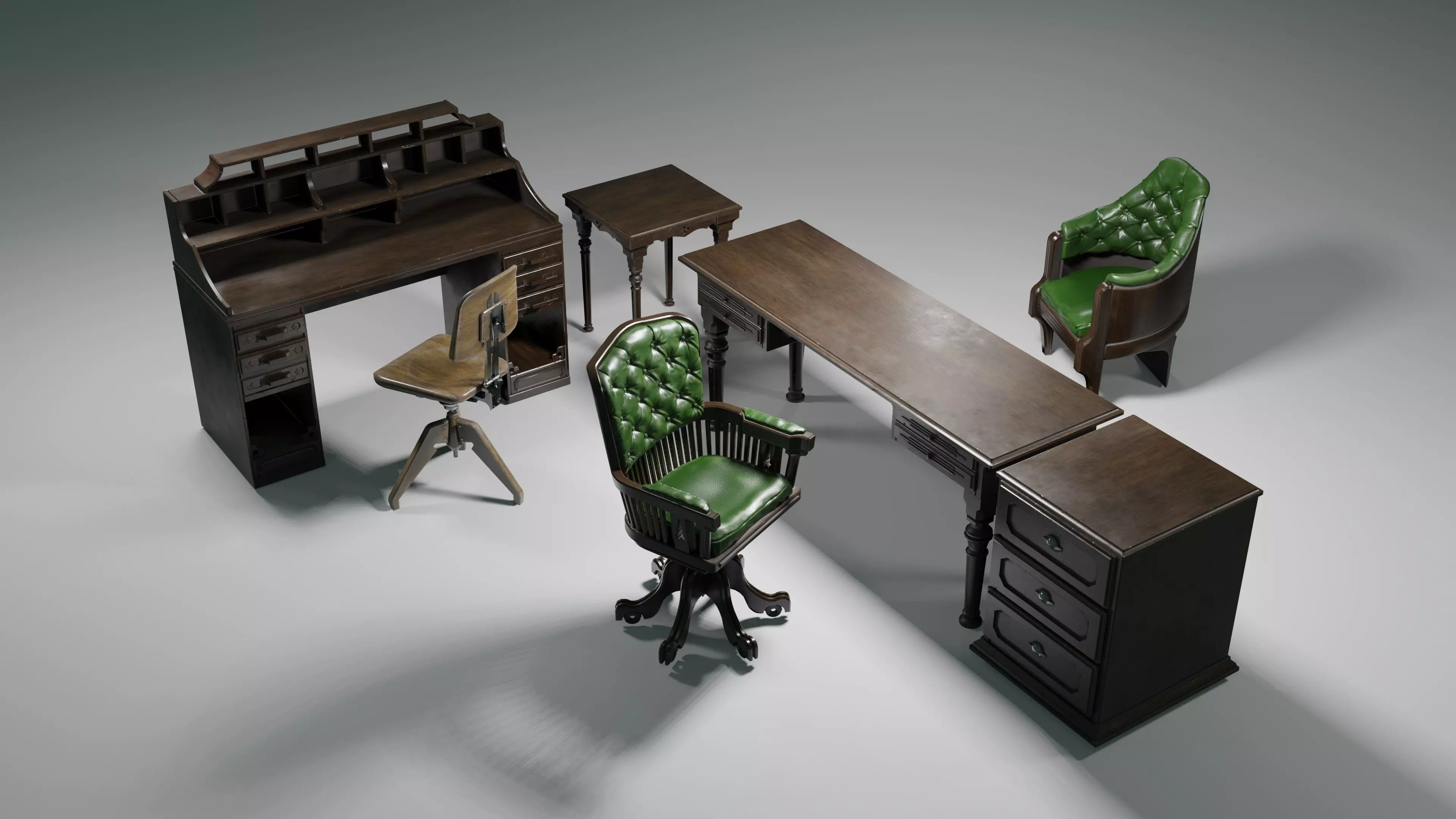 antique office furniture pack Low-poly 3D model_0