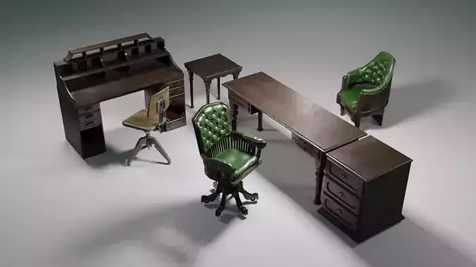 antique office furniture pack Low-poly 3D model