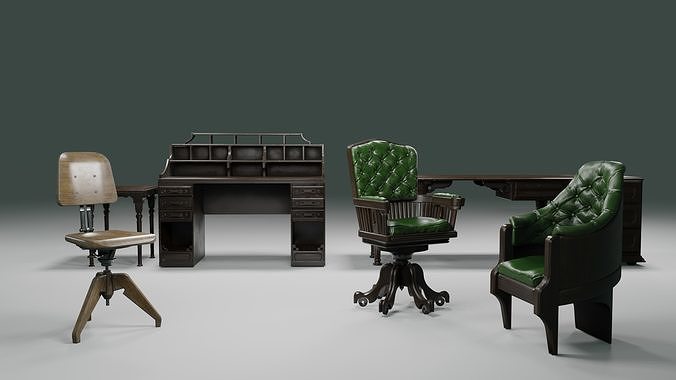 antique office furniture pack Low-poly 3D model 6