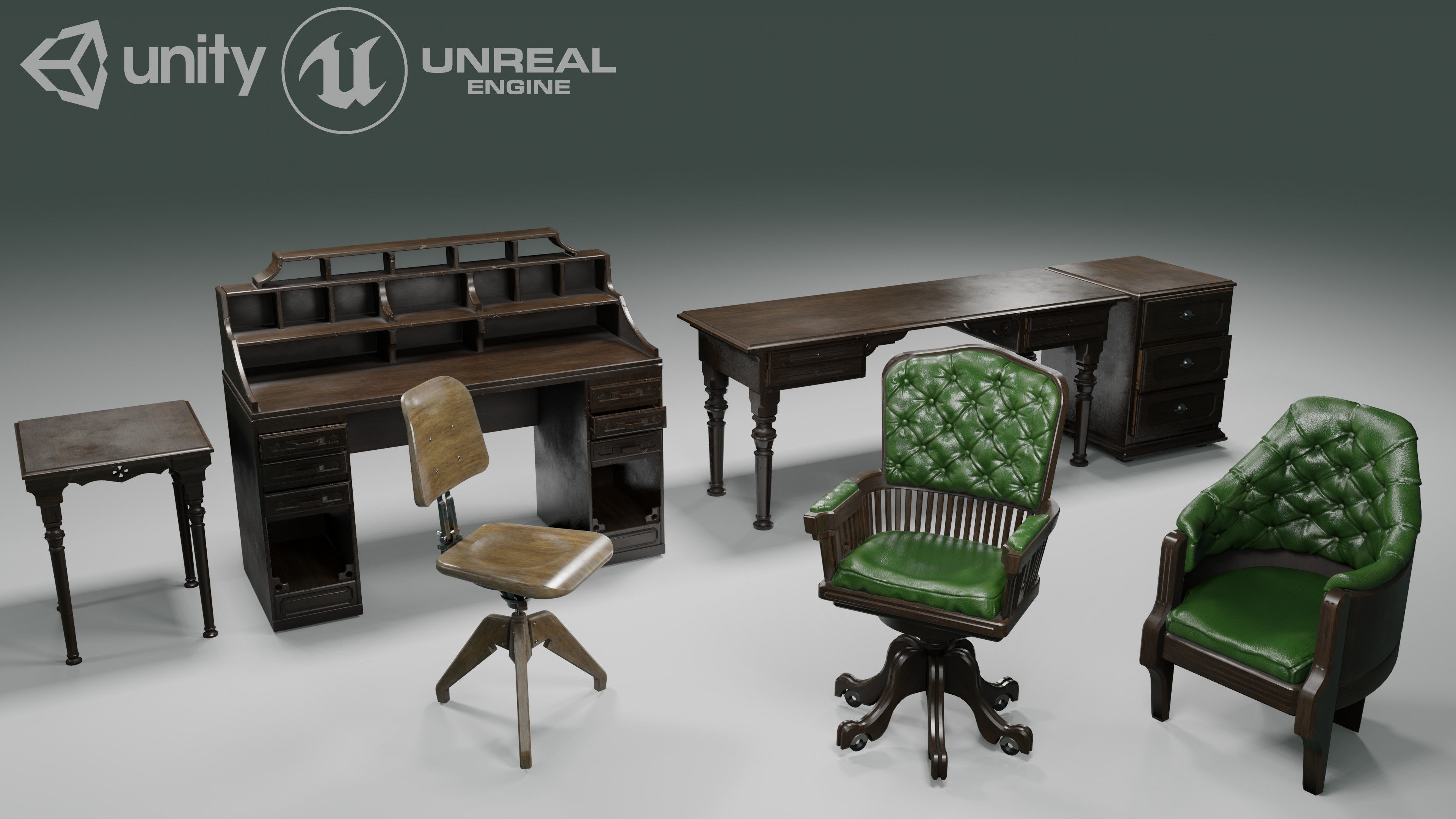 antique office furniture pack Low-poly 3D model_1