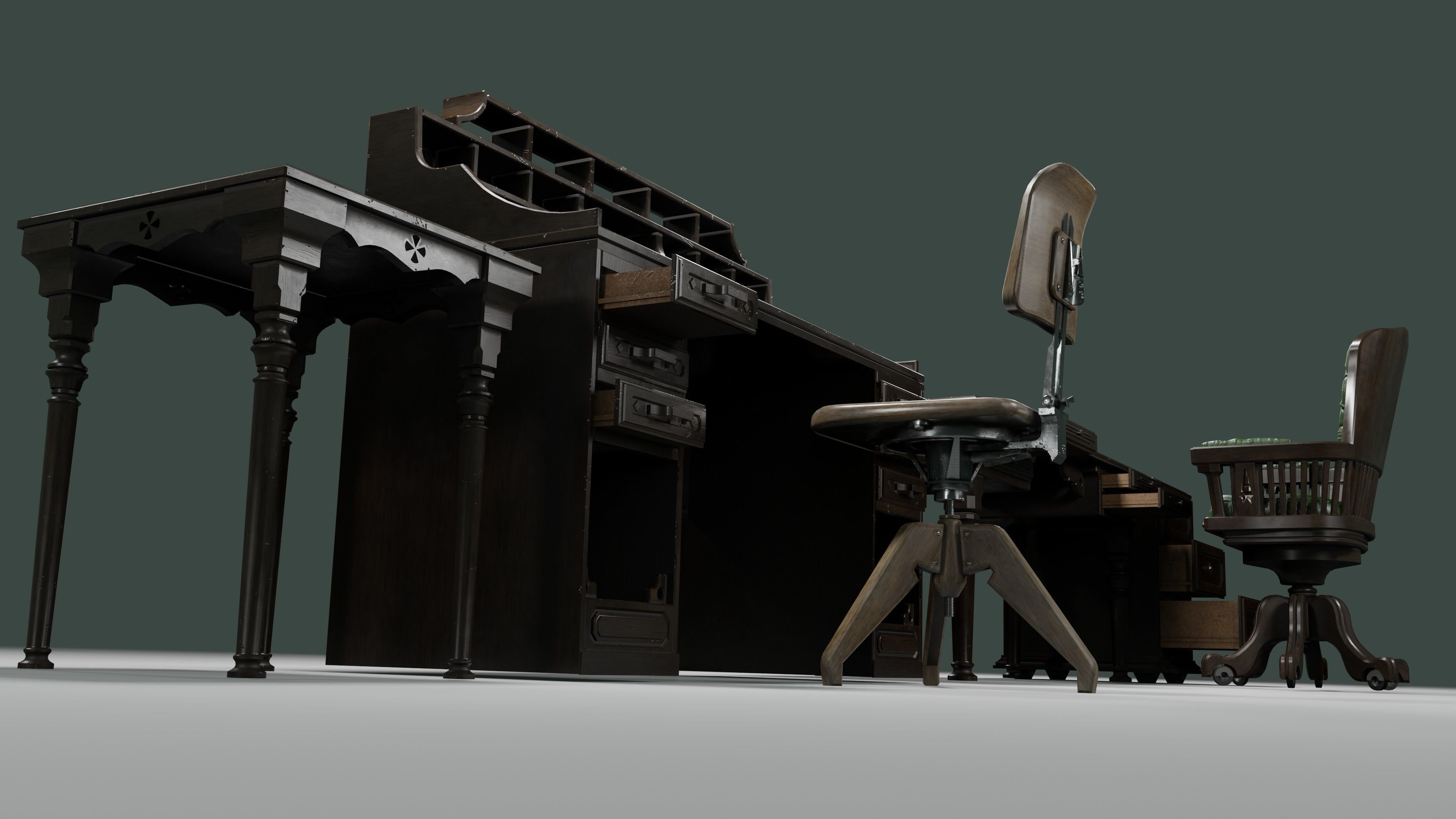 antique office furniture pack Low-poly 3D model_2