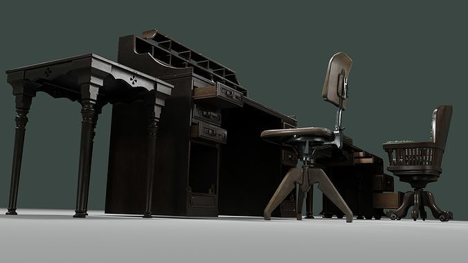 antique office furniture pack Low-poly 3D model 3