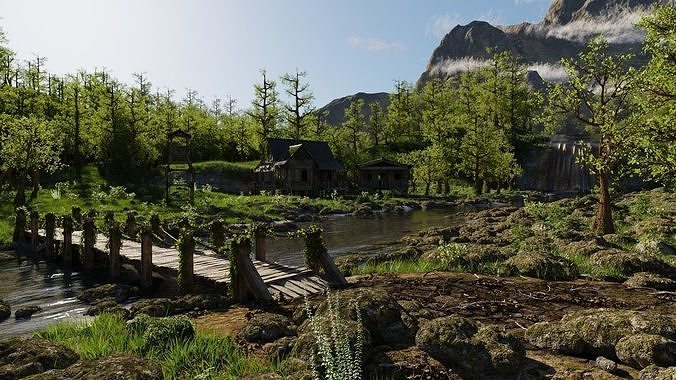 Waterfall Village Scene 3D model 3