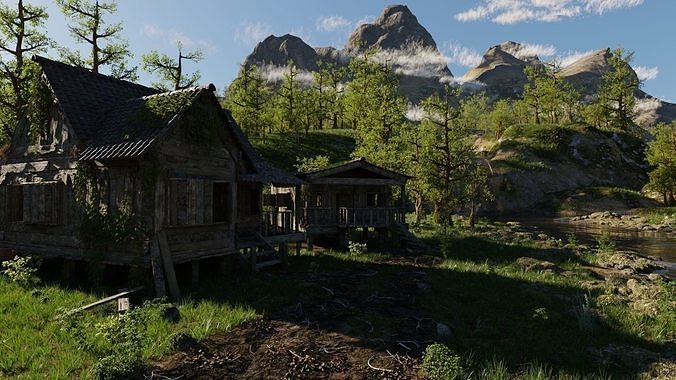 Waterfall Village Scene 3D model 6