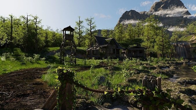 Waterfall Village Scene 3D model 4