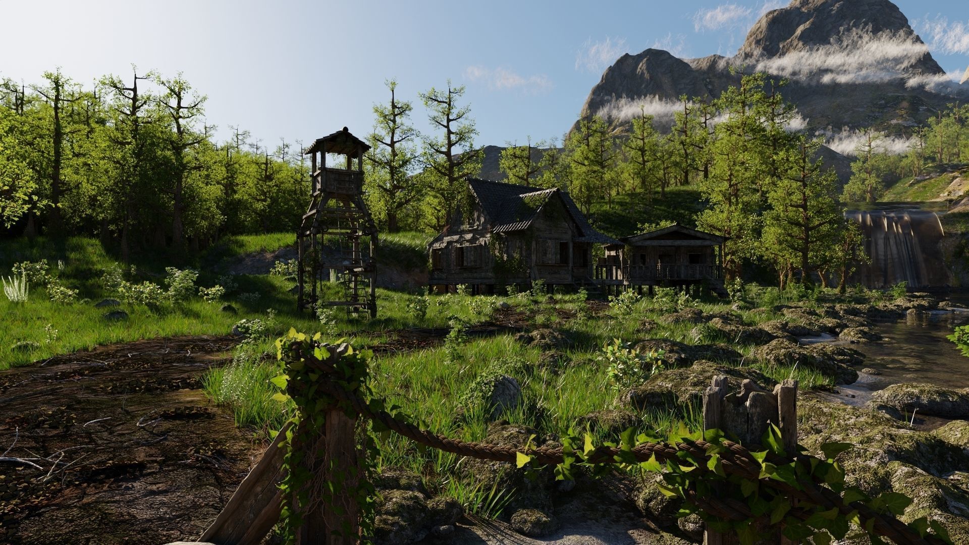 Waterfall Village Scene 3D model_3