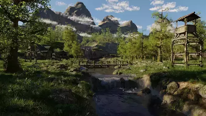Waterfall Village Scene 3D model