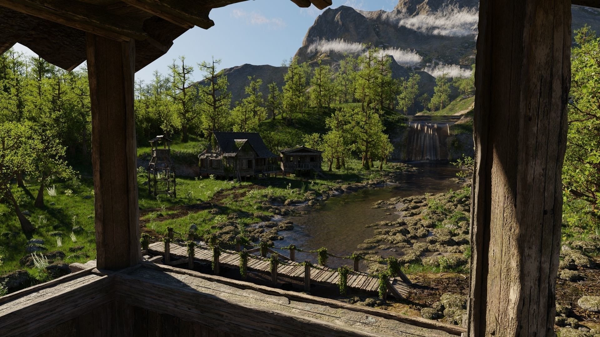 Waterfall Village Scene 3D model_10