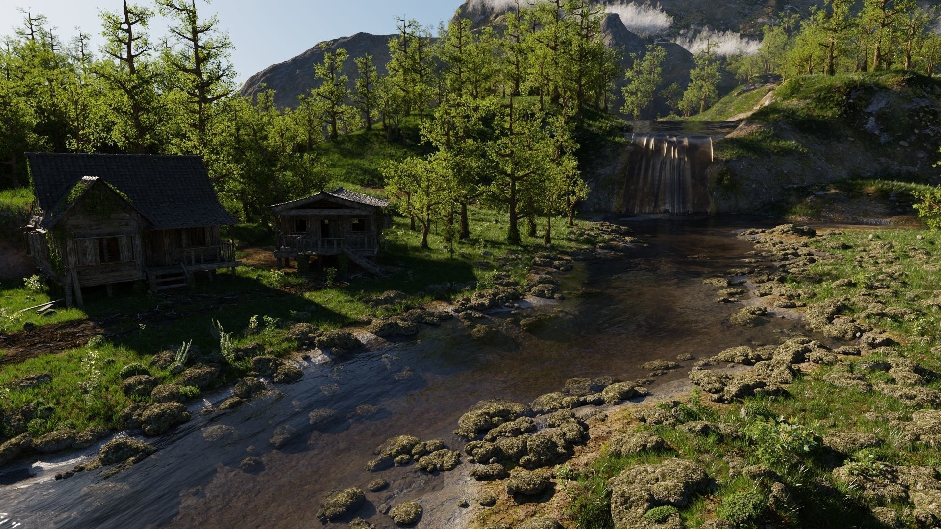 Waterfall Village Scene 3D model_9