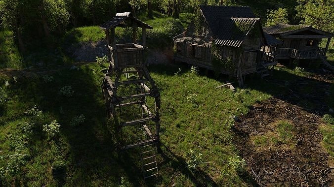 Waterfall Village Scene 3D model 5
