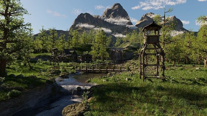 Waterfall Village Scene 3D model 2