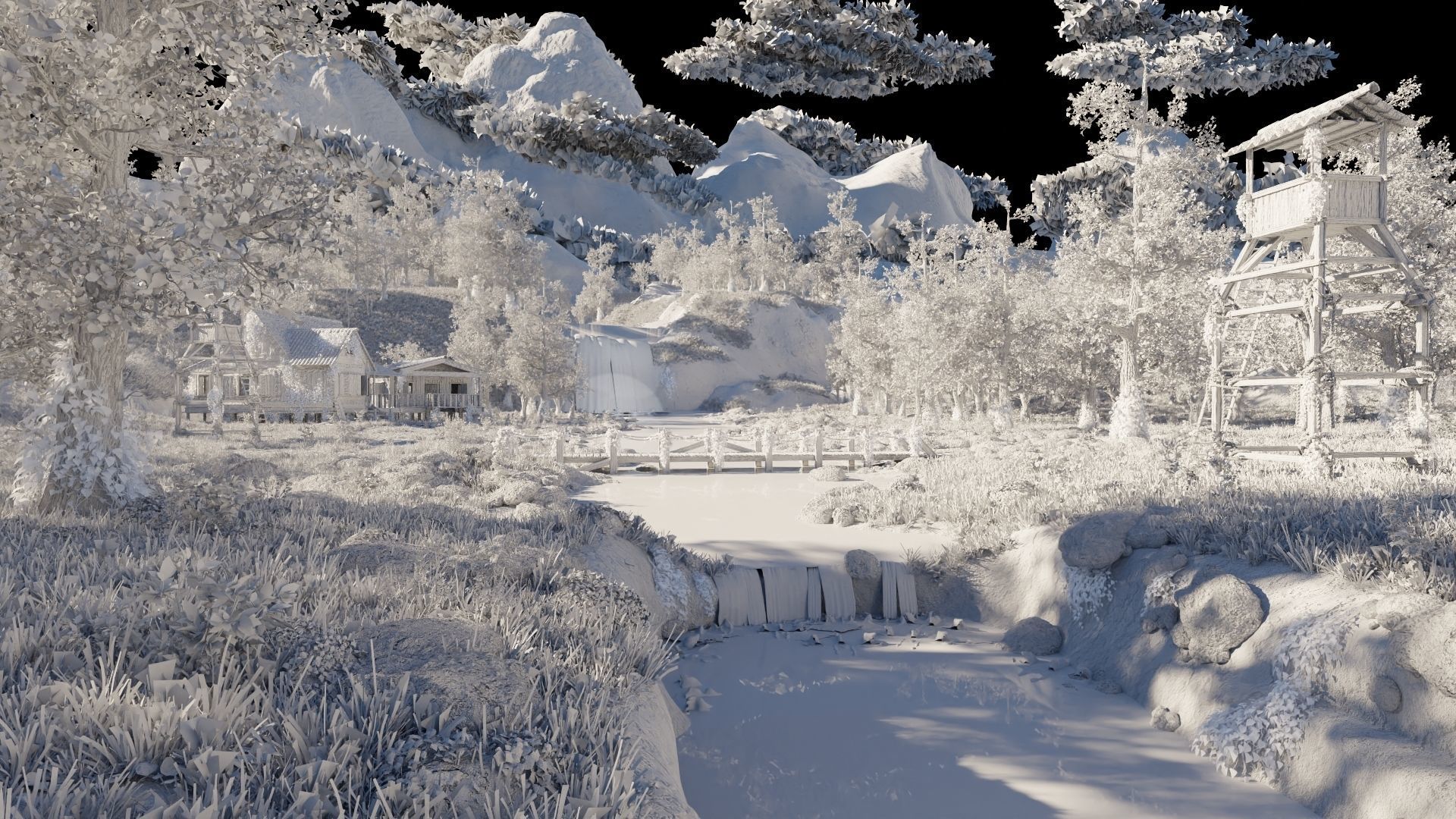 Waterfall Village Scene 3D model_15