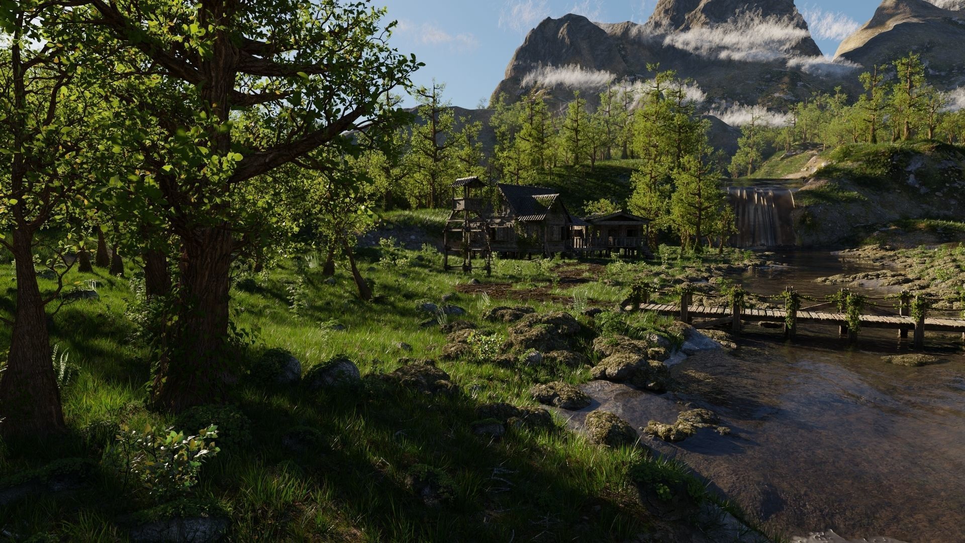 Waterfall Village Scene 3D model_11