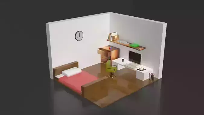 room 3d with bed and desk