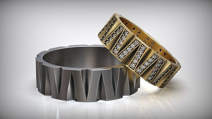 Victory Diamond Gold Rings  Wedding Band Set 3D print model