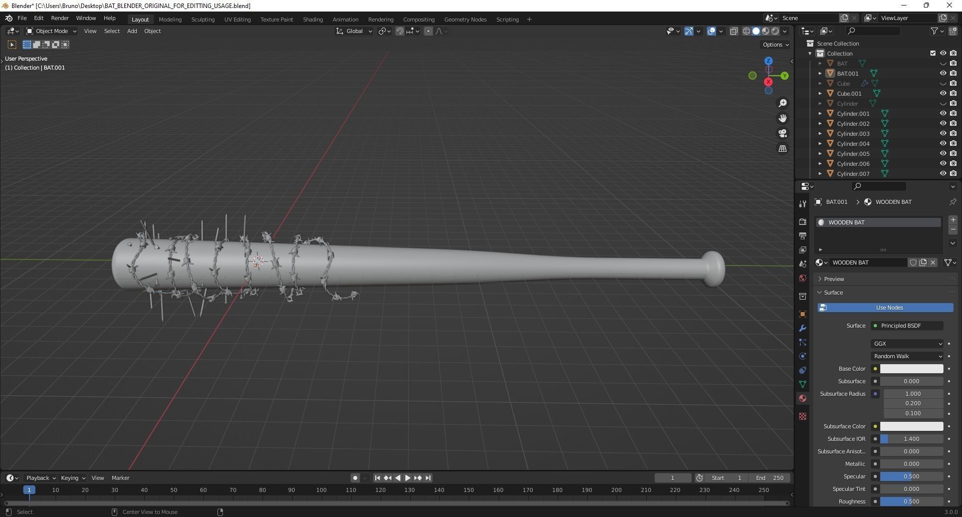 PBR Bloody Barbed Wire Nail Baseball Bat Low Poly Game Ready Low-poly 3D model_7