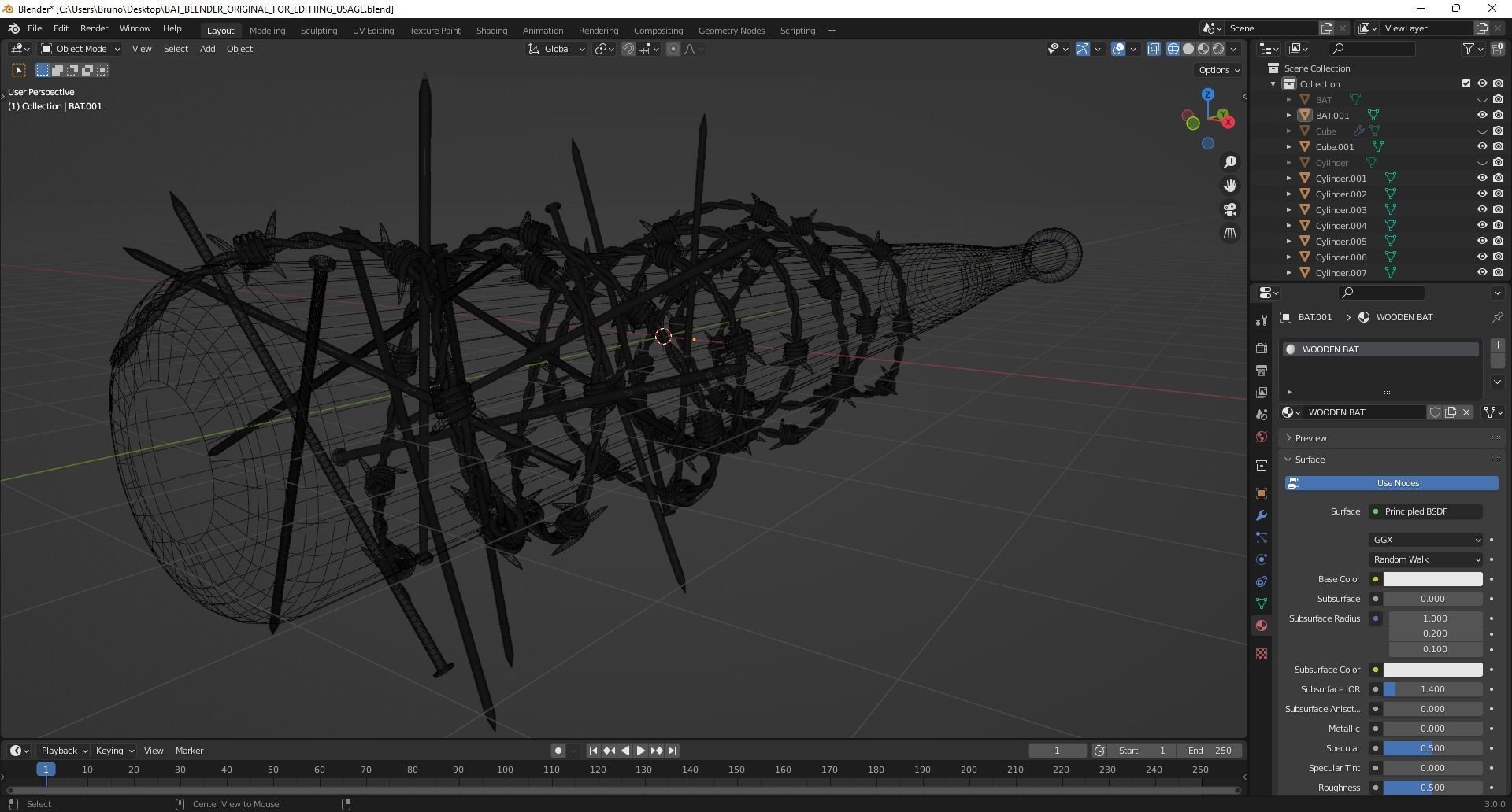 PBR Bloody Barbed Wire Nail Baseball Bat Low Poly Game Ready Low-poly 3D model_9