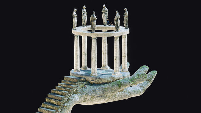 Temple hand with statues Low-poly 3D model