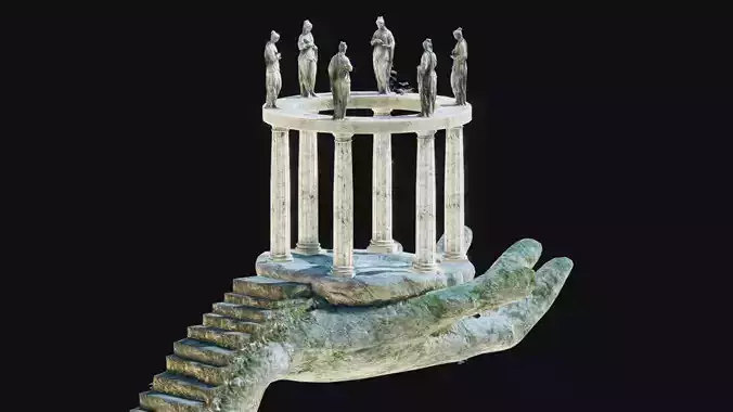 Temple hand with statues Low-poly 3D model