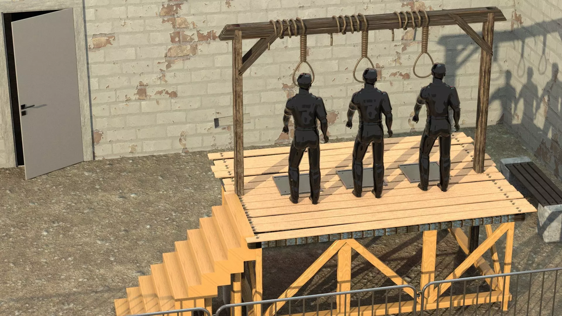 Corded three men hanging from wooden platform 3D model_0
