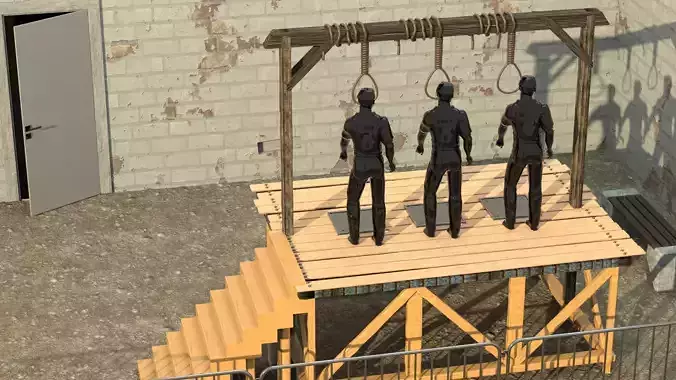 Corded three men hanging from wooden platform