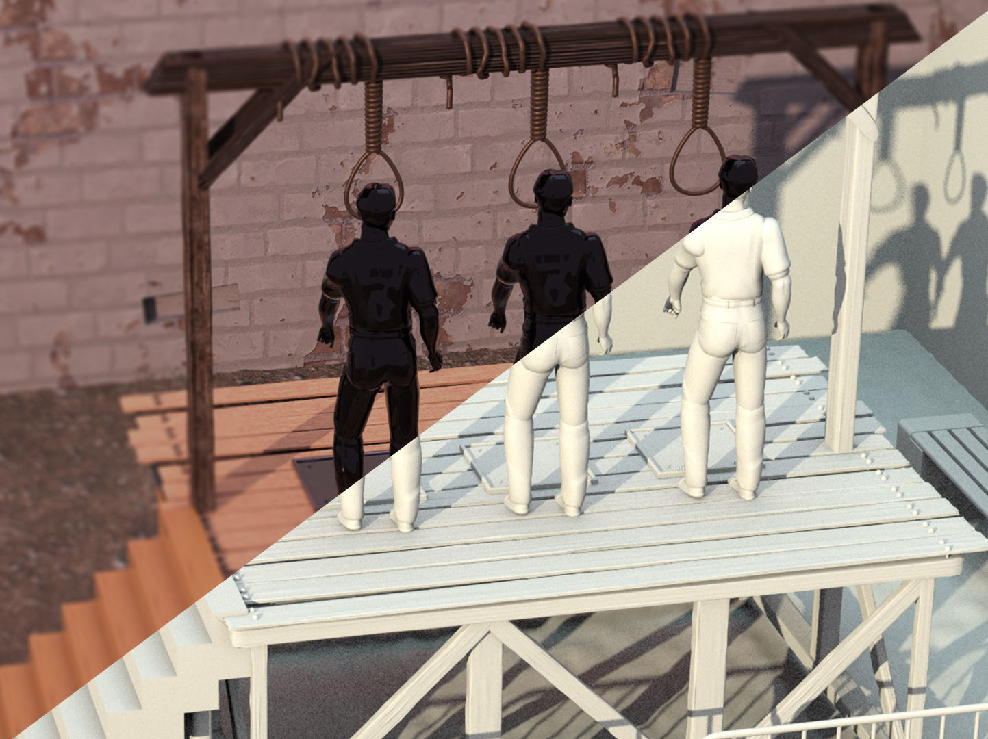 Corded three men hanging from wooden platform 3D model_1