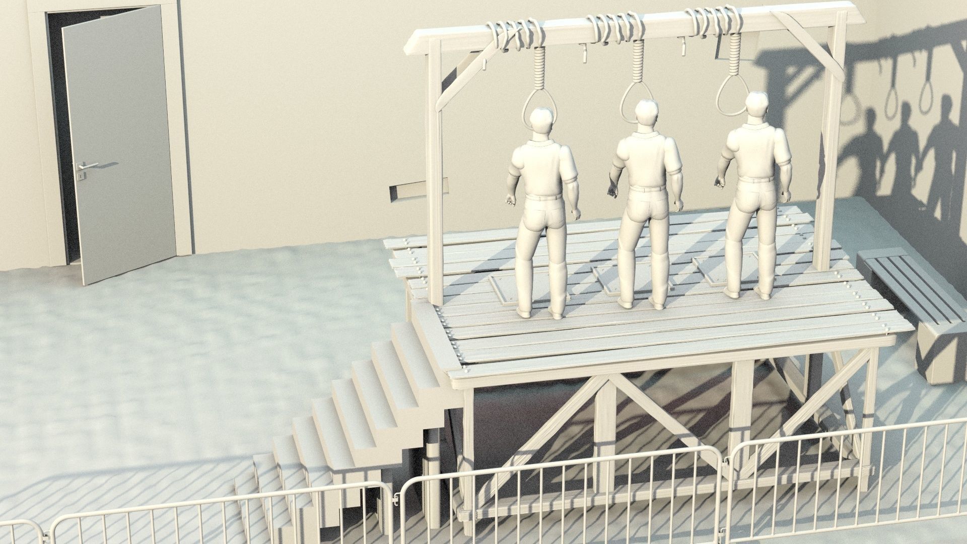 Corded three men hanging from wooden platform 3D model_2