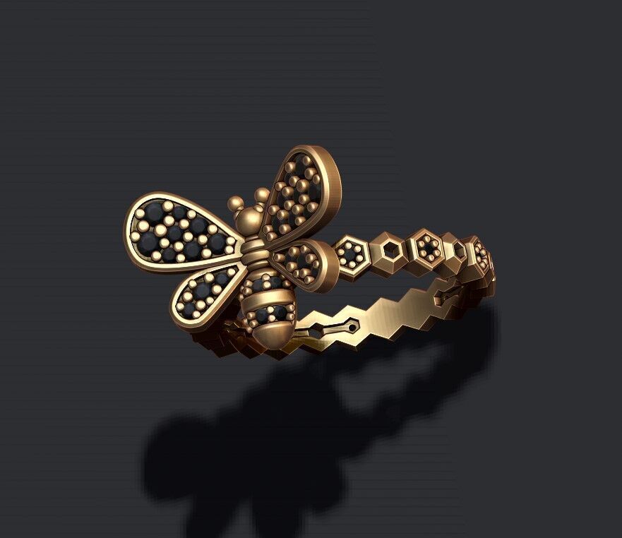 Bee ring with gems 3D print model_3