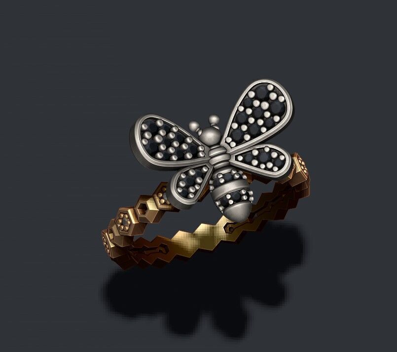 Bee ring with gems 3D print model_6