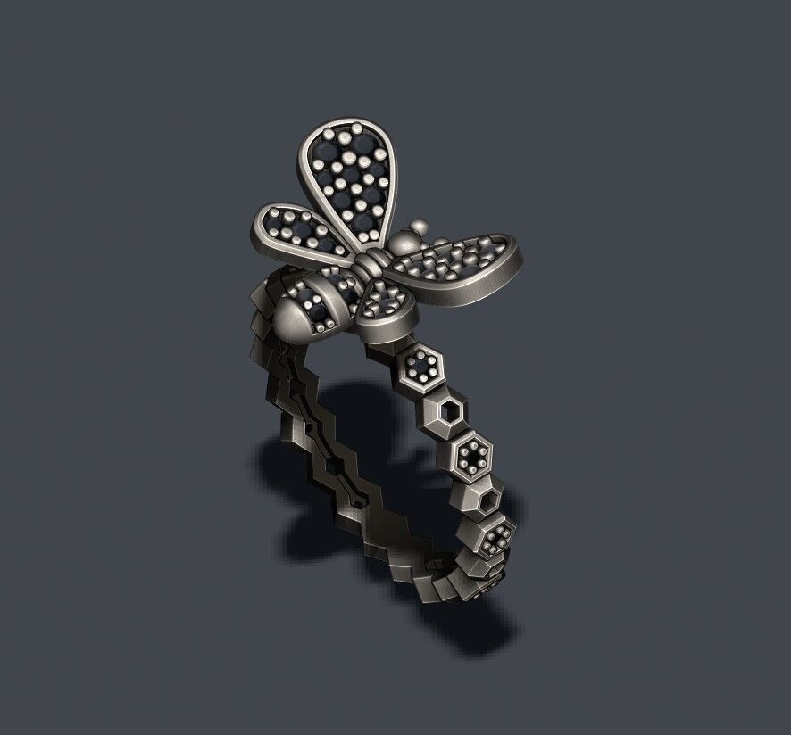 Bee ring with gems 3D print model_7