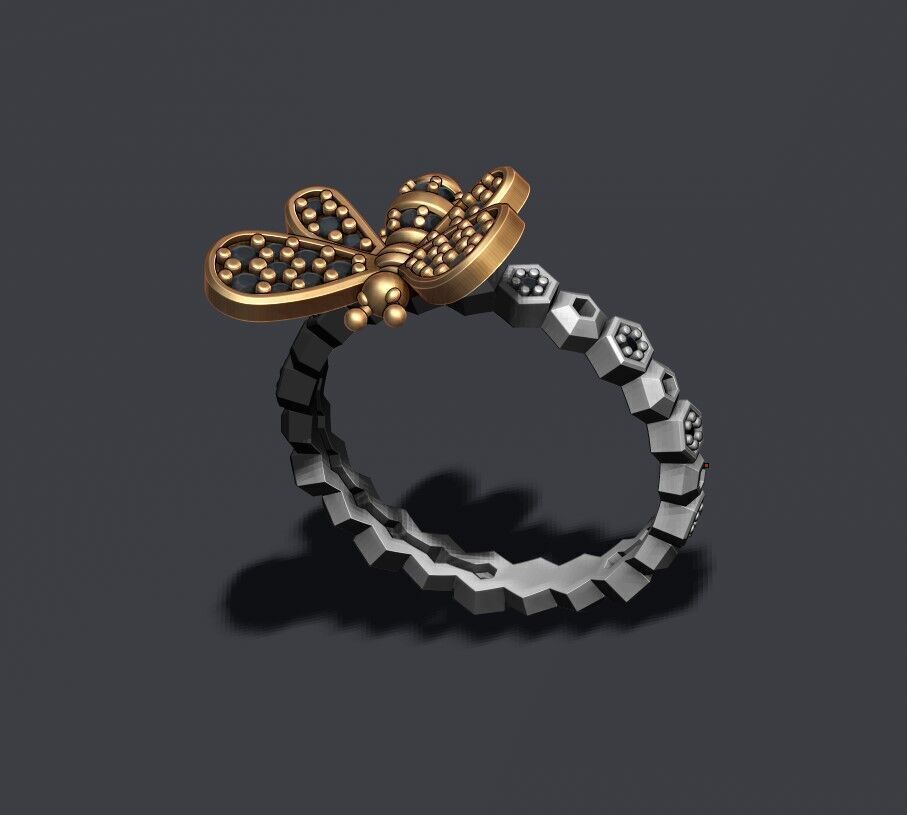 Bee ring with gems 3D print model_2