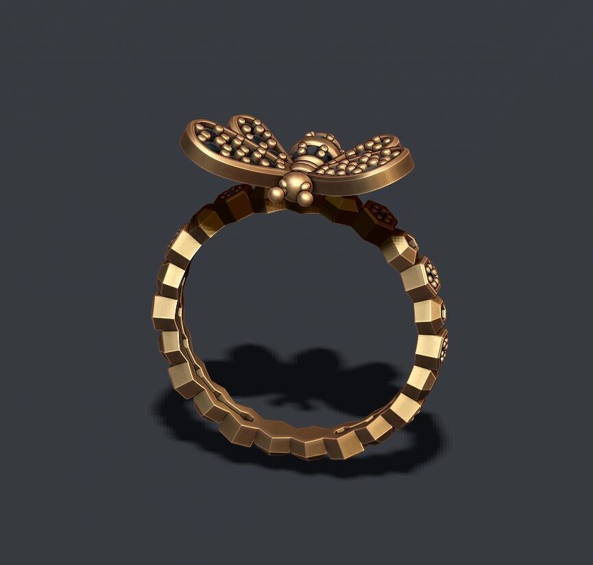 Bee ring with gems 3D print model_5