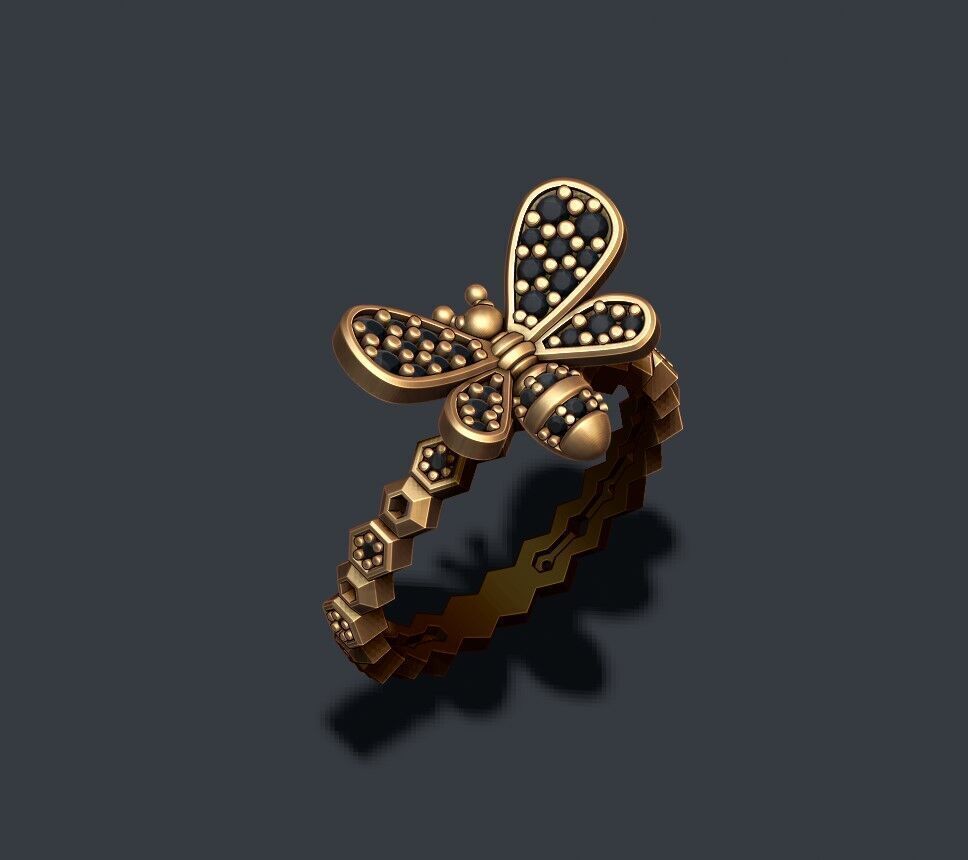 Bee ring with gems 3D print model_4