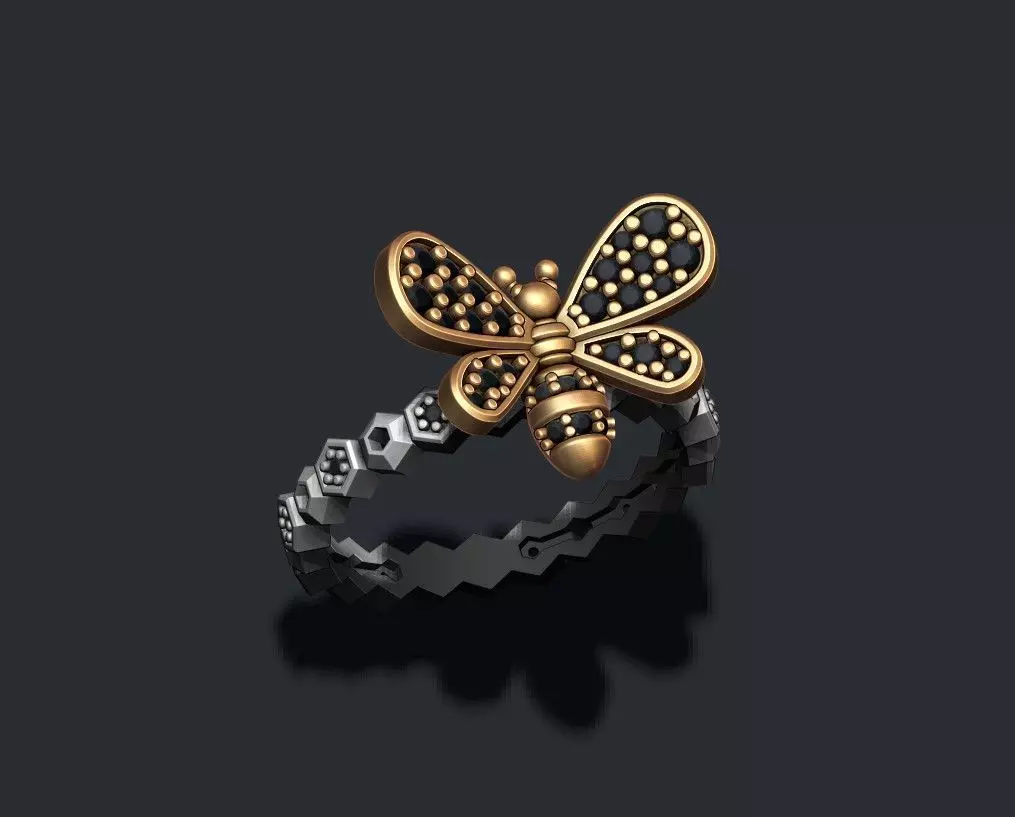Bee ring with gems 3D print model_0