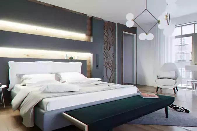 Bedroom modern with walls and wooden floors