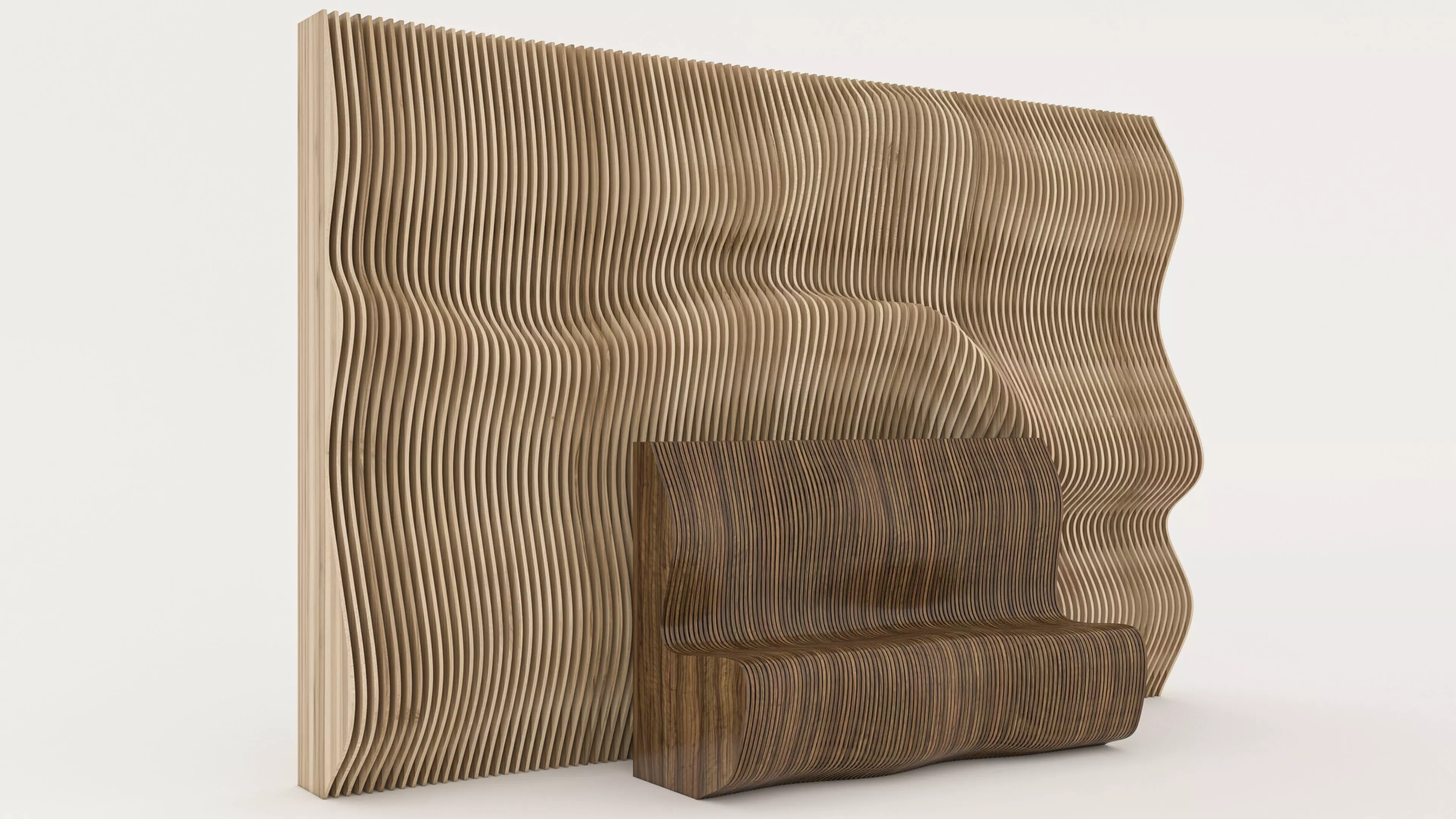 Parametric Sculptural Wall  and Parametric Wooden Bench 3D  Low-poly 3D model_0