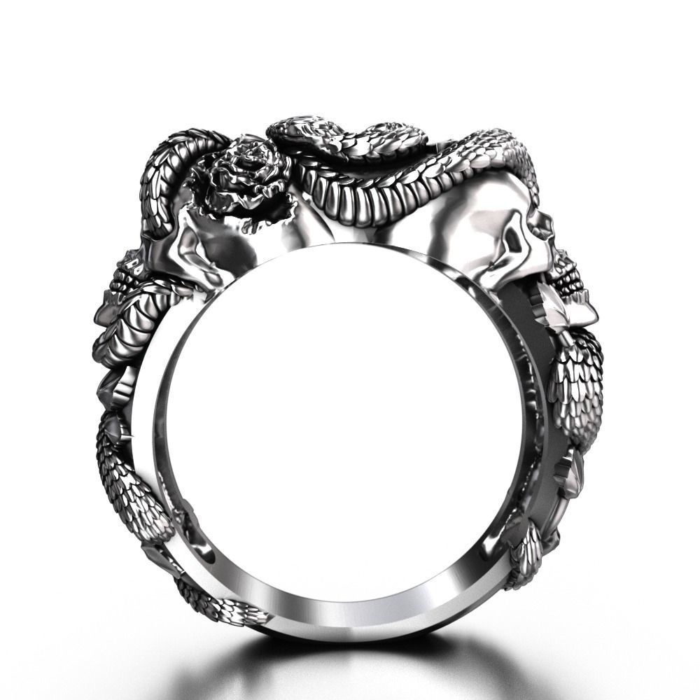 Snake-skull-ring silver snake ring with roses 3D print model_5