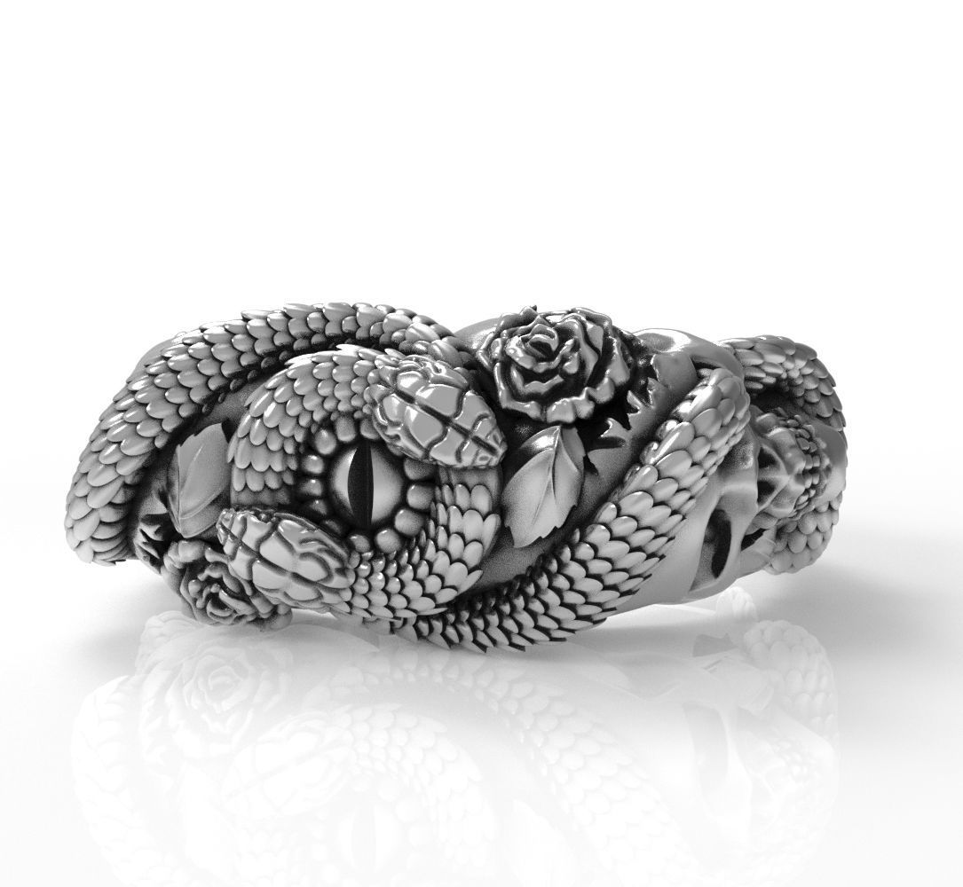 Snake-skull-ring silver snake ring with roses 3D print model_2