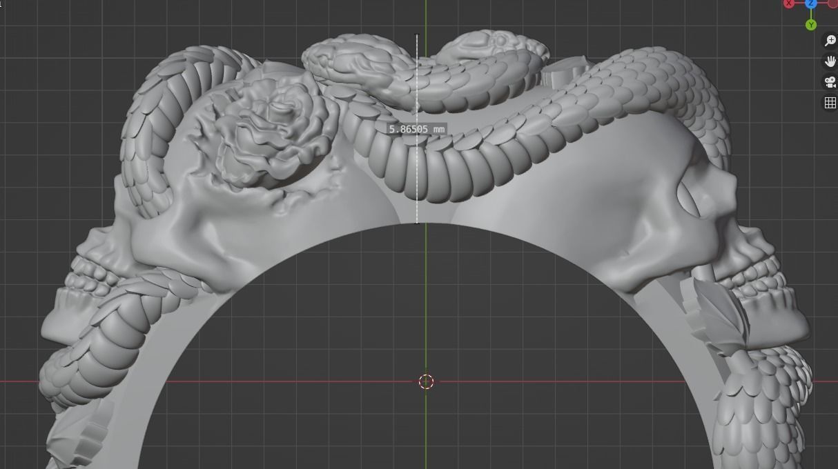 Snake-skull-ring silver snake ring with roses 3D print model_9