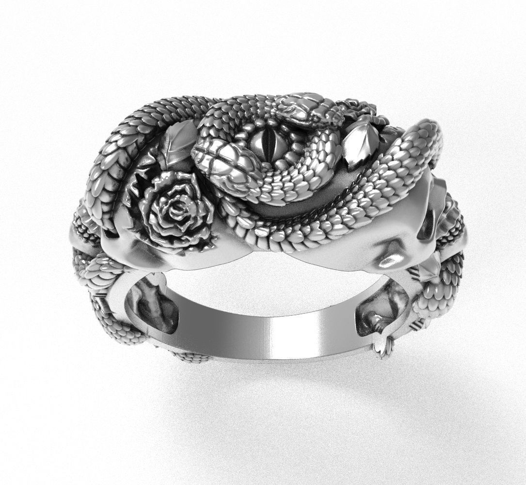 Snake-skull-ring silver snake ring with roses 3D print model_3