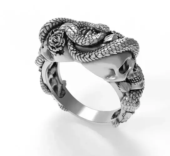 Snake-skull-ring silver snake ring with roses