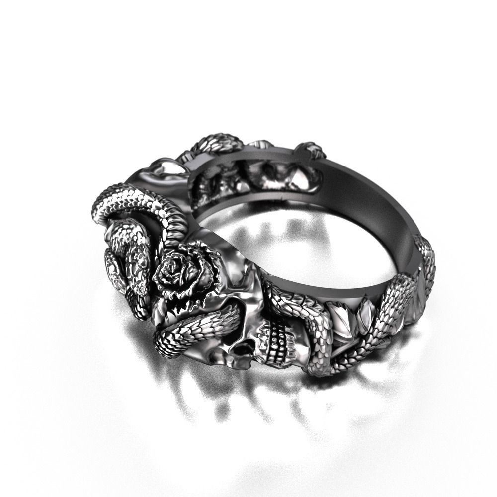 Snake-skull-ring silver snake ring with roses 3D print model_4