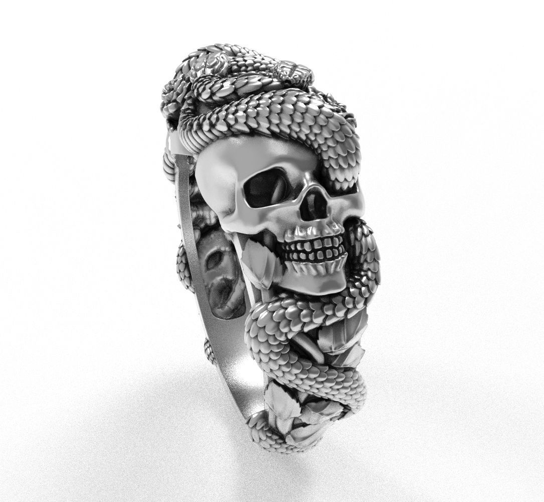 Snake-skull-ring silver snake ring with roses 3D print model_1