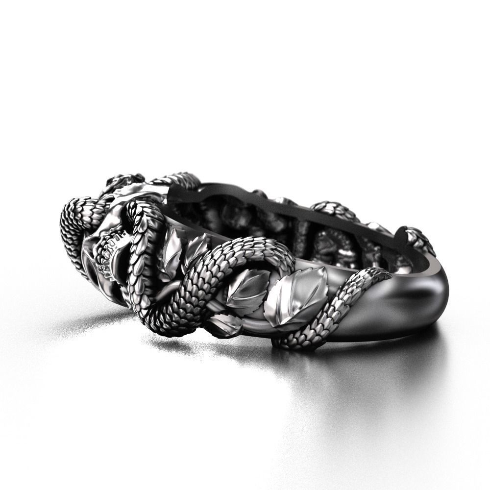 Snake-skull-ring silver snake ring with roses 3D print model_6
