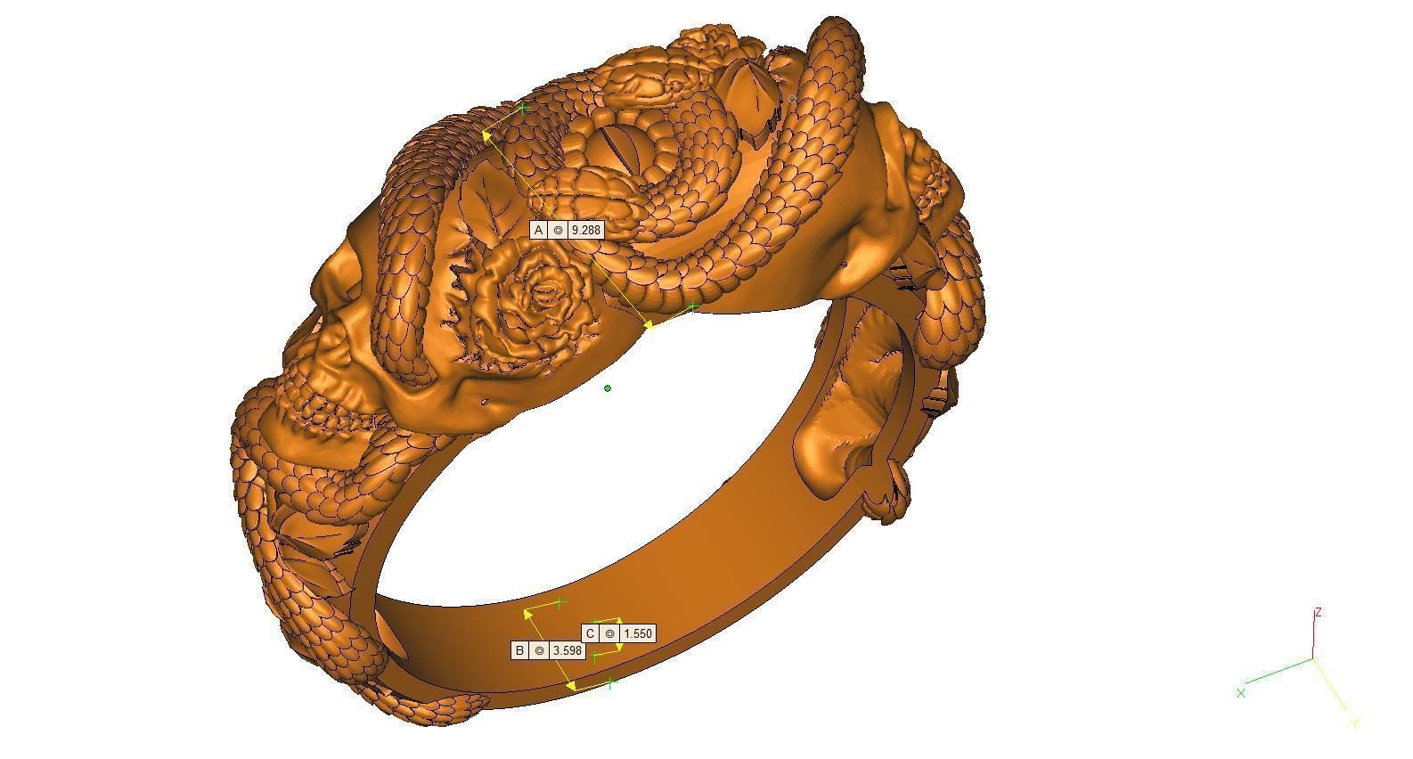 Snake-skull-ring silver snake ring with roses 3D print model_8