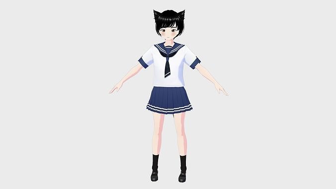 STUDENT GIRL KAWAII CAT WOMAN 3D ASIAN RIGGED T POSE SHAPE KEYS Low-poly 3D model