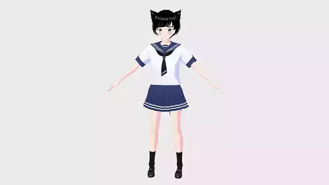 STUDENT GIRL KAWAII CAT WOMAN 3D ASIAN RIGGED T POSE SHAPE KEYS Low-poly 3D model
