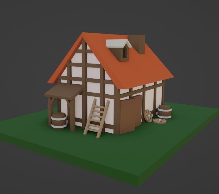Lowpoly houses house with ladder and barrels Low-poly 3D model_4