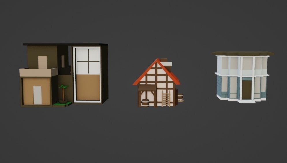 Lowpoly houses house with ladder and barrels Low-poly 3D model_3