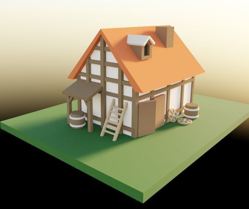 Lowpoly houses house with ladder and barrels Low-poly 3D model_5
